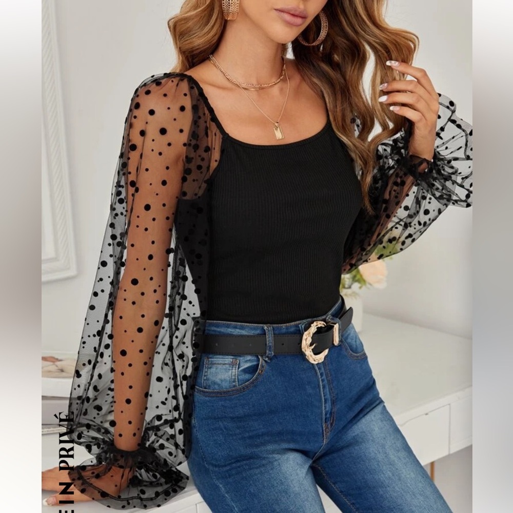 SHEIN flounce puff sleeve tulle black bodysuit polka dot large 8/10 long sleeve